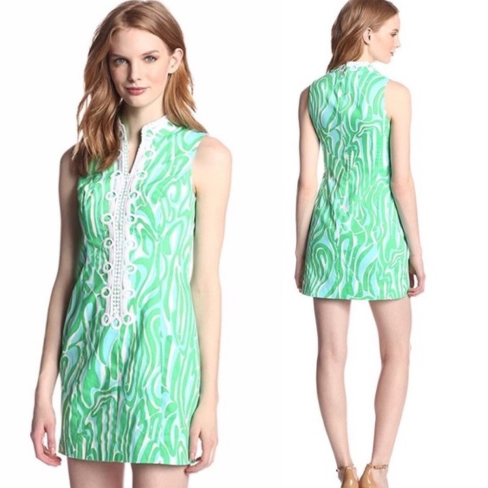 Lilly Pulitzer Tropical Green and Blue Patterned Shift Dress